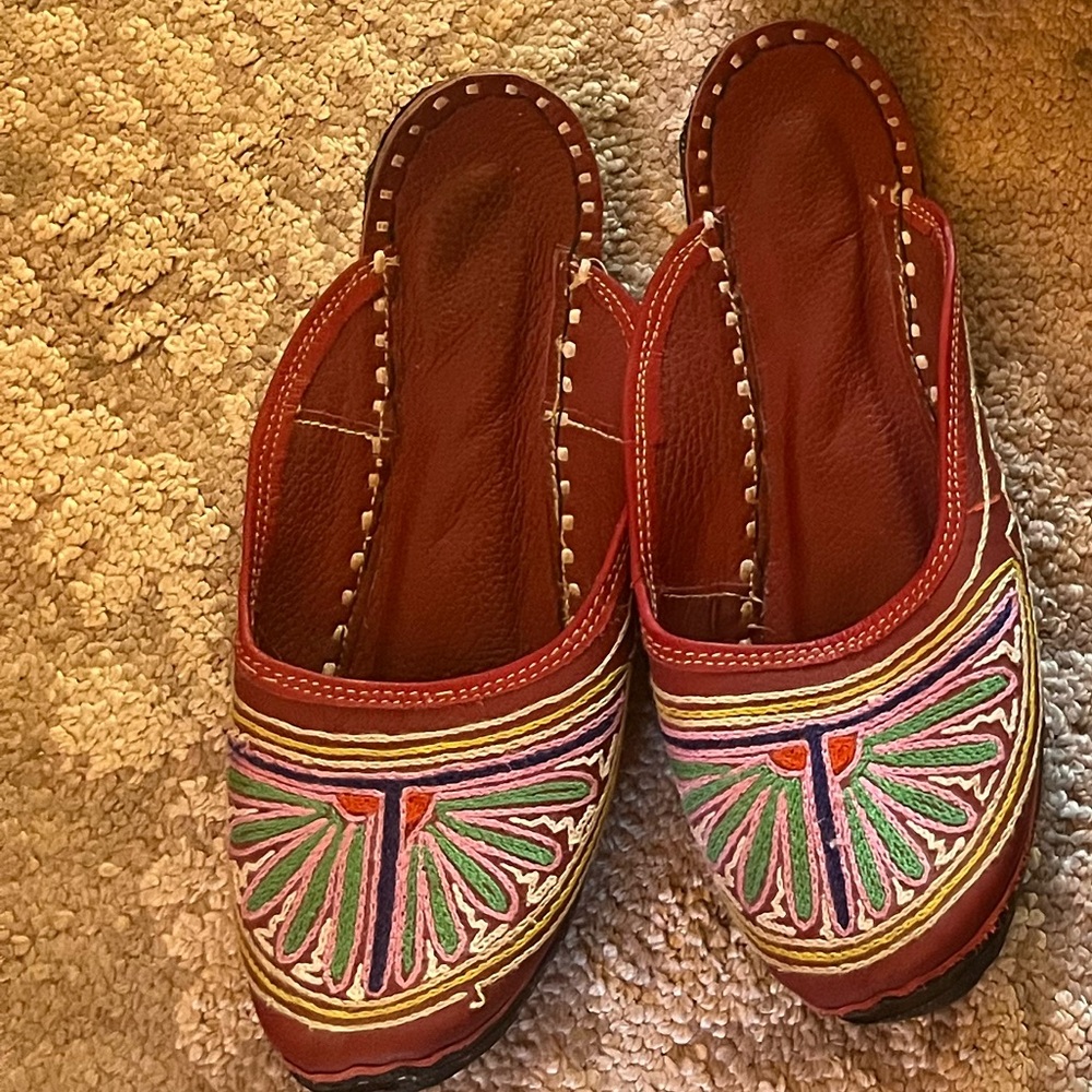 Camel leather embroidered flats India